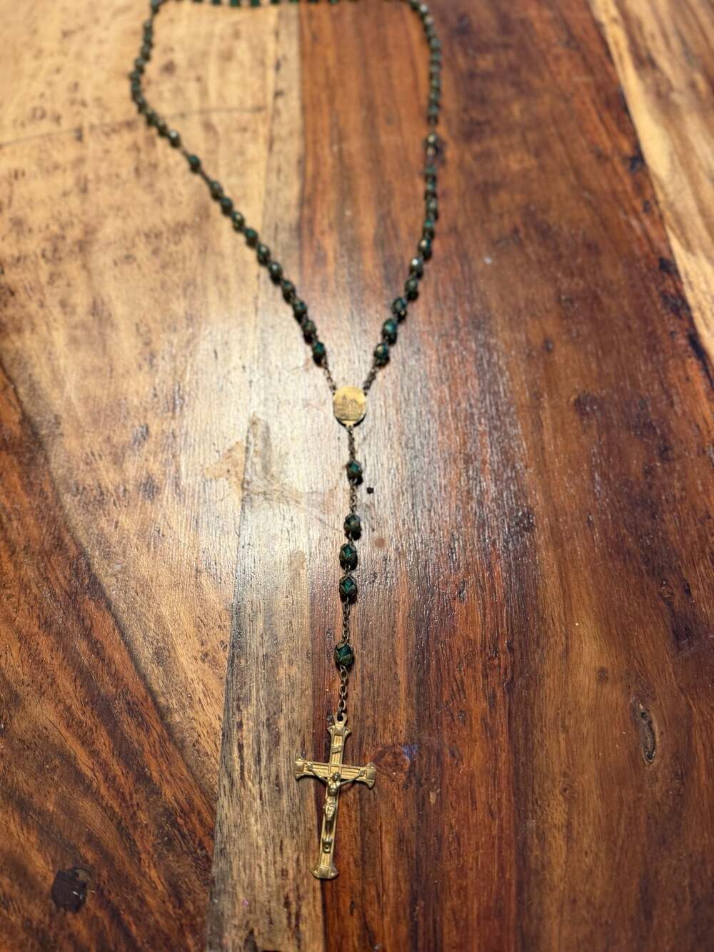 Vintage Loreto Green Crystal Bead Catholic Rosary with Engraved Cross